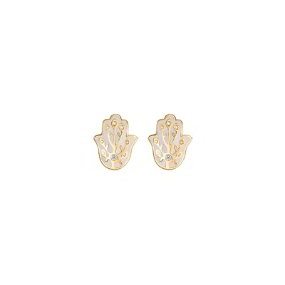 Karma And Luck Women's White / Gold Ward Off Malice Hamsa Stud Earrings