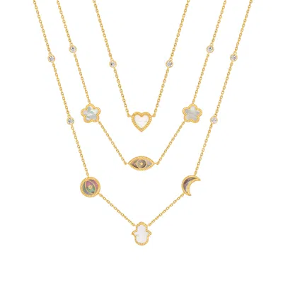 Karma And Luck Women's White / Grey / Gold Spirit's Transformation Multi-symbol Mother Of Pearl Layered Necklace