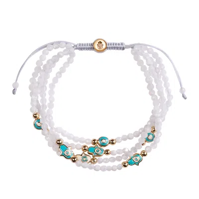 Karma And Luck Women's White Mindful Cleanse - Moonstone Enamel Evil Eye Hamsa Bracelet