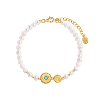 Karma And Luck Serene Protection Pearl Evil Eye Lotus Bracelet In Gold