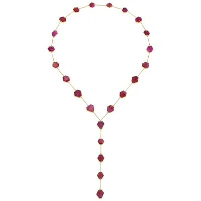 Pre-owned Karma El Khalil Natural Raw Ruby Lariat Chain Necklace In 18k Rose Gold In Red