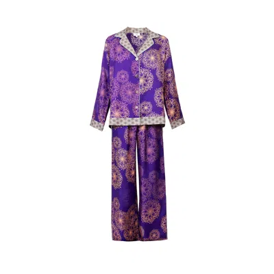 Karma On The Rocks Women's Isa Hanabi Printed Silk Pajama Set In Purple