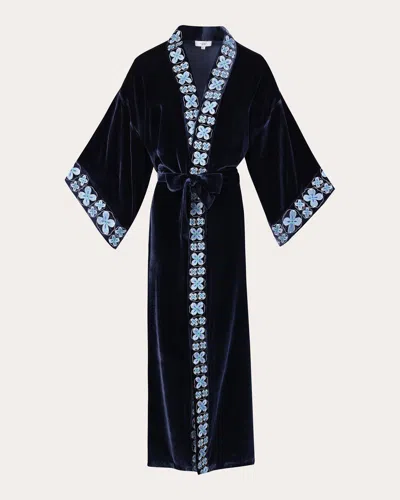 Karma On The Rocks Women's Nikko Embroidered Velvet Long Kimono In Blue