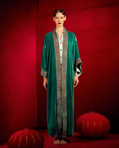 Karma On The Rocks Women's Nikko Embroidered Velvet Long Kimono In Green