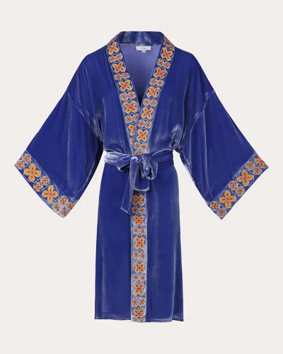 Karma On The Rocks Women's Nikko Embroidered Velvet Short Kimono In Blue