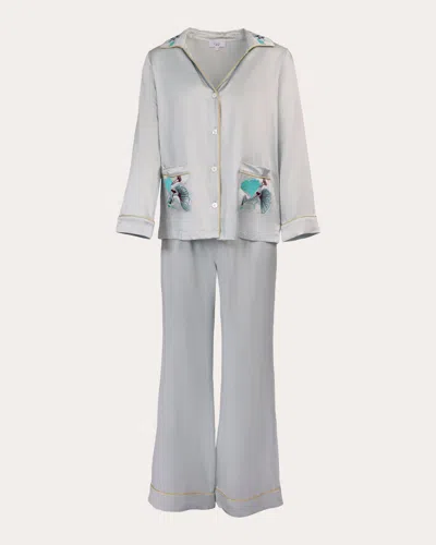 Karma On The Rocks Women's Tokyo Embroidered Silk Satin Pajama Set In Grey