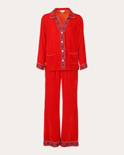 Karma On The Rocks Women's Tokyo Embroidered Velvet Pajama Set In Red