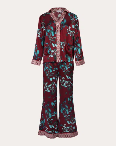 Karma On The Rocks Women's Tokyo Kazari Printed Silk Satin Pajama Set In Red