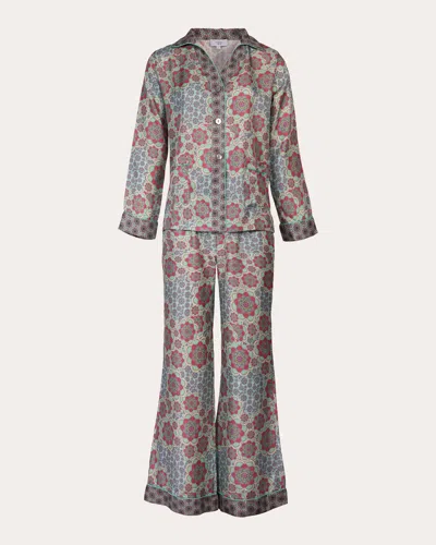 Karma On The Rocks Women's Tokyo Mozaiku Printed Silk Pajama Set In Blue