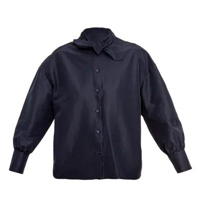 Karolina Ozolinsiute Women's Nila Navy Blue Silk Shirt With Bow