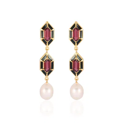 Karrah Jewellery Women's Black / Red / Gold Noor Hexagon Garnet And Pearl Earrings Gold Vermeil