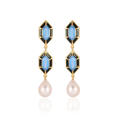 Karrah Jewellery Women's Blue / Black Noor Hexagon Blue Topaz And Pearl Earrings Gold Vermeil In Multi