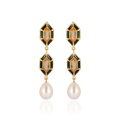 Karrah Jewellery Women's Gold / Black / Yellow Noor Hexagon Citrine And Pearl Earrings Gold Vermeil In Multi