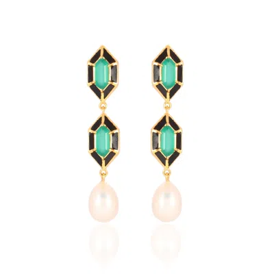 Karrah Jewellery Women's Green / Gold Noor Hexagon Green Onyx And Pearl Earrings Gold Vermeil In Multi