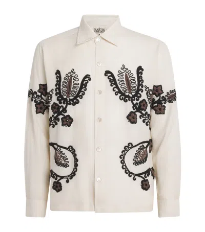 Kartik Research Cotton Embroidered Floral Shirt In Ivory