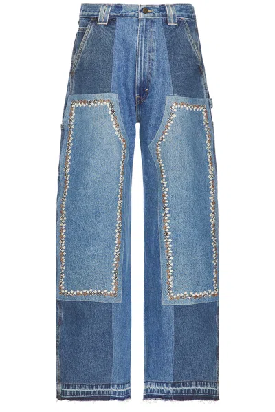 Kartik Research Double Knee Pant In Blue/gold/white