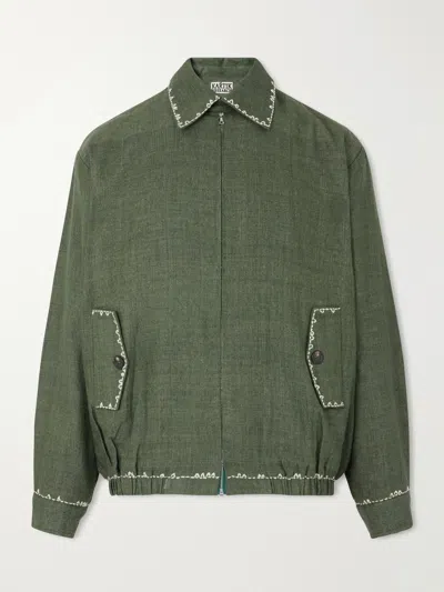 Kartik Research Embroidered Wool And Linen-blend Canvas Blouson Jacket In Green