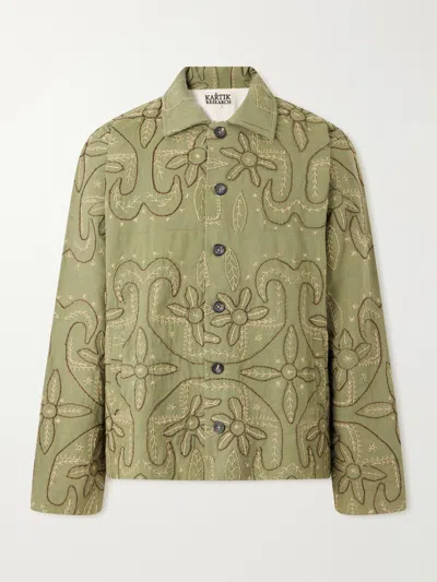 Kartik Research Godhadi Embroidered Cotton-canvas Blouson Jacket In Green