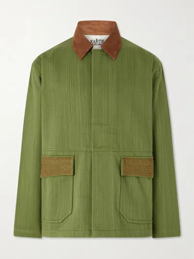 Kartik Research Jodhpur Embroidered Suede-trimmed Cotton Jacket In Green