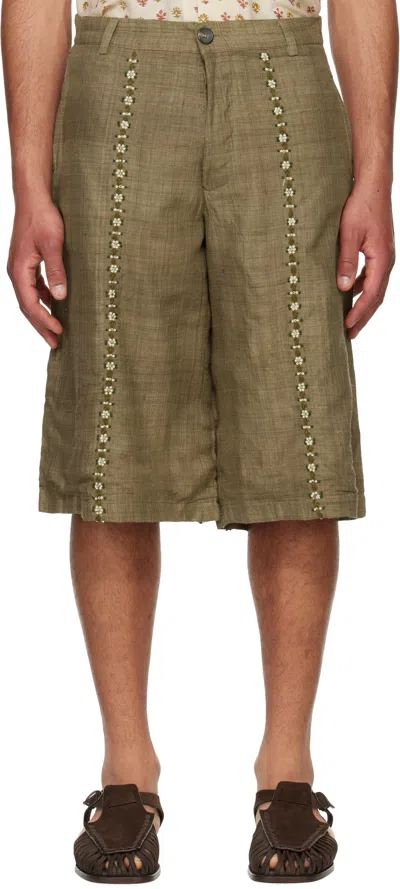 Kartik Research Straight-leg Embellished Slub Silk-voile Shorts In Green