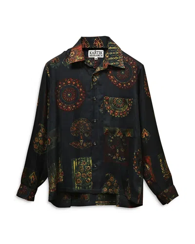 Kartik Research Long Sleeve Silk Camp Shirt In Navy