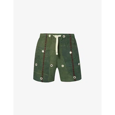 Kartik Research Mens Green Mirrors Slip-pocket Cotton Shorts