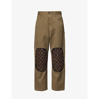 Kartik Research Mens Indigo Double-knee Embellished-panel Cotton Trousers