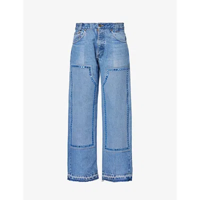 Kartik Research Mens Indigo Double-knee Mirror-embellished Jeans
