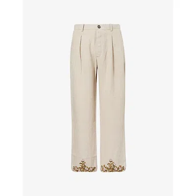 Kartik Research Mens Embroidered Straight-leg Linen Trousers Beige