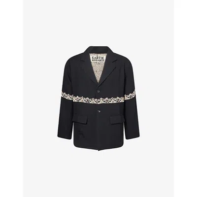 Kartik Research Mens Black Ecru Embroidered Single-breasted Wool Blazer Xl