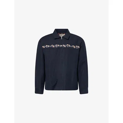 Kartik Research Mens  Embroidered-mirrors Relaxed-fit Cotton-linen Jacket In Black/grey