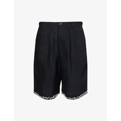 Kartik Research Mens  Embroidered Pleated Linen Shorts In Black/white