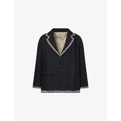 KARTIK RESEARCH MENS BLACK/WHITE NOTCHED-LAPEL EMBROIDERED LINEN BLAZER