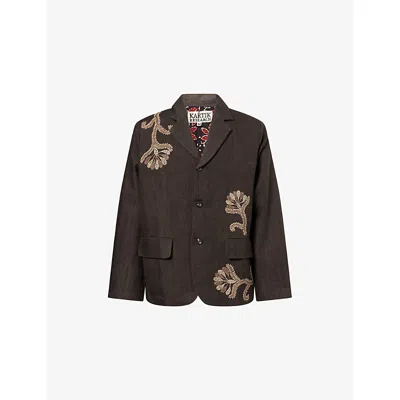 Kartik Research Mens Dark Brown Herringbone Embroidered Single-breasted Linen Jacket