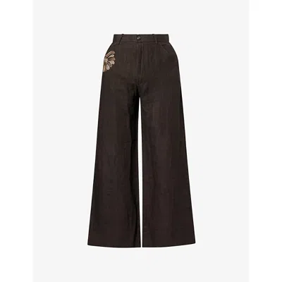 Kartik Research Mens Dark Brown Herringbone Embroidered Wide-leg Linen Trousers