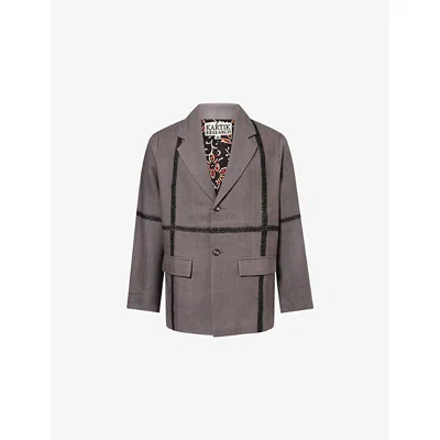 Kartik Research Mens Deep Purple Wrinkled Contrast-embroidered Cotton Jacket In Gray