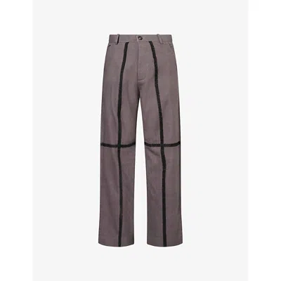 Kartik Research Mens Deep Purple Wrinkled Contrast-stitch Cotton Trousers