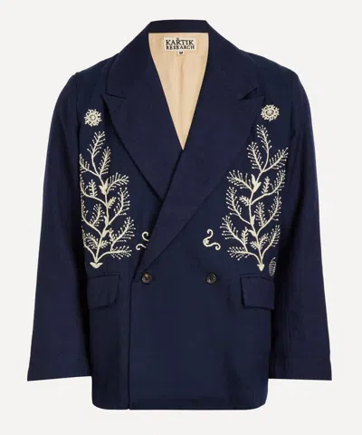 Kartik Research Mens Double Breasted Embroidered Blazer In Blue