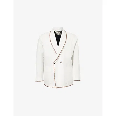 Kartik Research Mens Ecru Double-breasted Contrast-embroidered Linen Jacket In White
