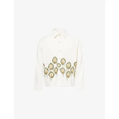 Kartik Research Mens Ecru/moss/orange Hand-embroidered Box Cotton Shirt In White