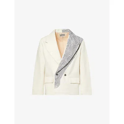 Kartik Research Mens  Double-breasted Embroidered Wool Blazer In Ecru/navy