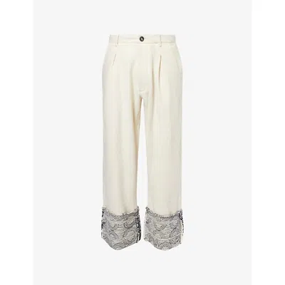 Kartik Research Mens Ecru/navy Pleated Embroidered-hem Brushed Wool Trousers