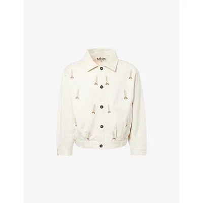 Kartik Research Mens  Pleated Embroidered-motif Cotton Jacket In Ecru/white