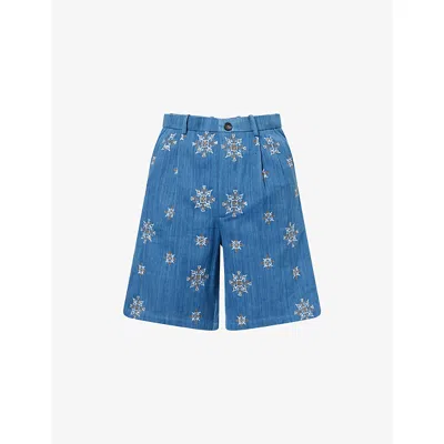 Kartik Research Mens Embroidered Straight-leg Denim Shorts