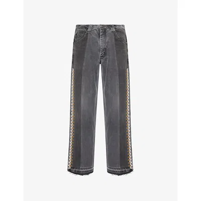 Kartik Research Mens Wshd Blk/gold/pearl Beaded Remade By Rkive City Upcycled Denim Trousers In Gray