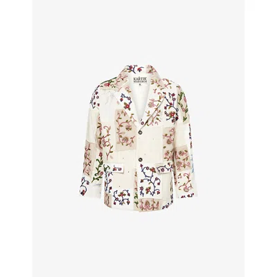 Kartik Research Mens Ecru/forest/indigo Chintz Floral-embroidered Cotton Blazer In Multi