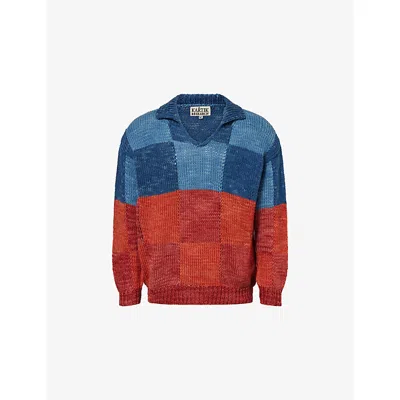 Kartik Research Mens Red Blue Colour-block Rugby Wool Knit Jumper In Multi