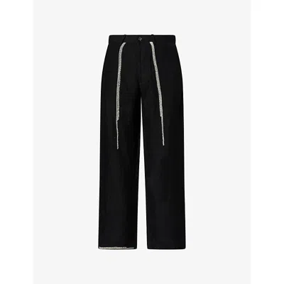 Kartik Research Mens Black Contrast-embroidered Wide-leg Linen Trousers
