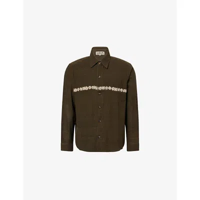 Kartik Research Mens Navy Double Layer Bead Embroidered Cotton Shirt In Brown