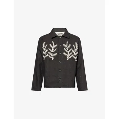 Kartik Research Mens Charcoal/ecru Floral Motif Embroidered Linen-wool Jacket Xl In Black